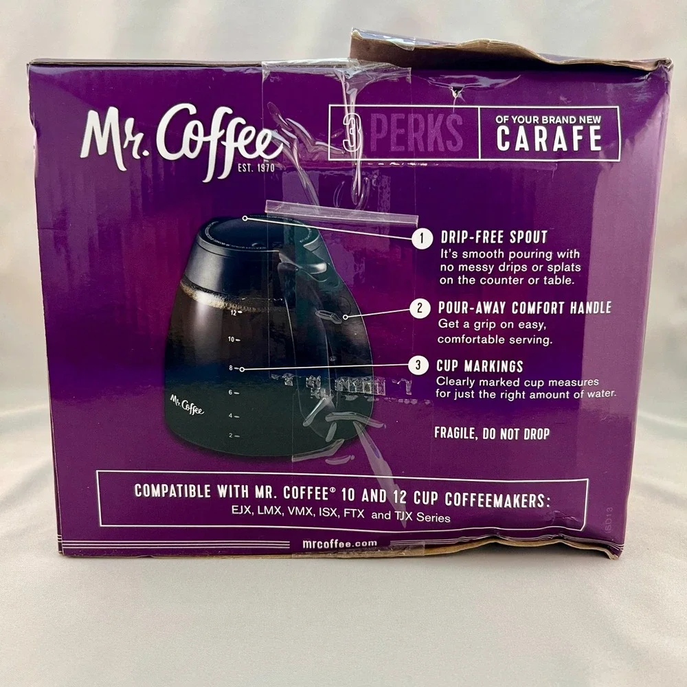 Mr. Coffee Replacement Carafe 12 Cup Black New Glass Drip-Free Spout MRC37494